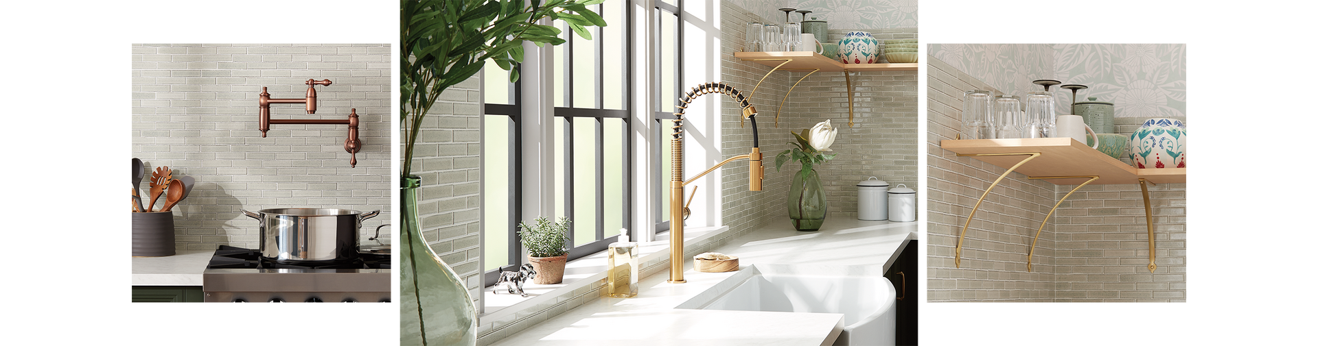 Eiler Kitchen Faucet - Brushed Gold, Keeton Shelf Bracket - Satin Brass, Augusta Wall-Mount Pot Filler - Antique Copper